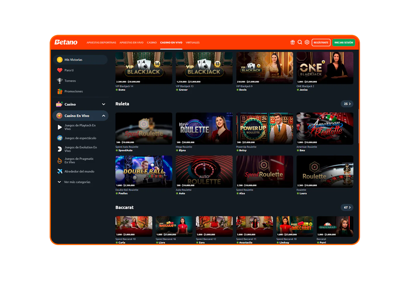 Seleccionar la sección de ruleta del casino en vivo